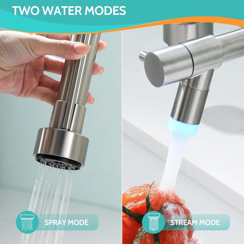 kicimpro LED Kitchen Faucet with Pull Down Sprayer, Brushed Nickel Faucet for Kitchen Sink, Single Handle High Arc 304 Stainless Steel LED Commercial Bar Kitchen Sink Faucet for 1 Hole Or 3 Hole - Image 3